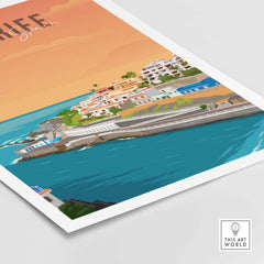 Tenerife Spain travel poster print showcasing coastal views and colorful buildings under a sunset sky.