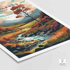 Vibrant Scottish Highlands wall art print featuring a scenic landscape with a tree and stream, ideal for home decor.