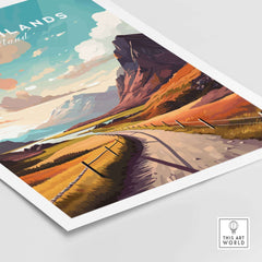 Scottish Highlands art print featuring a scenic landscape with rolling hills and a winding road in warm tones.