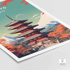 Tokyo Japan poster featuring a colorful pagoda against a scenic backdrop, perfect for home decor and travel inspiration.