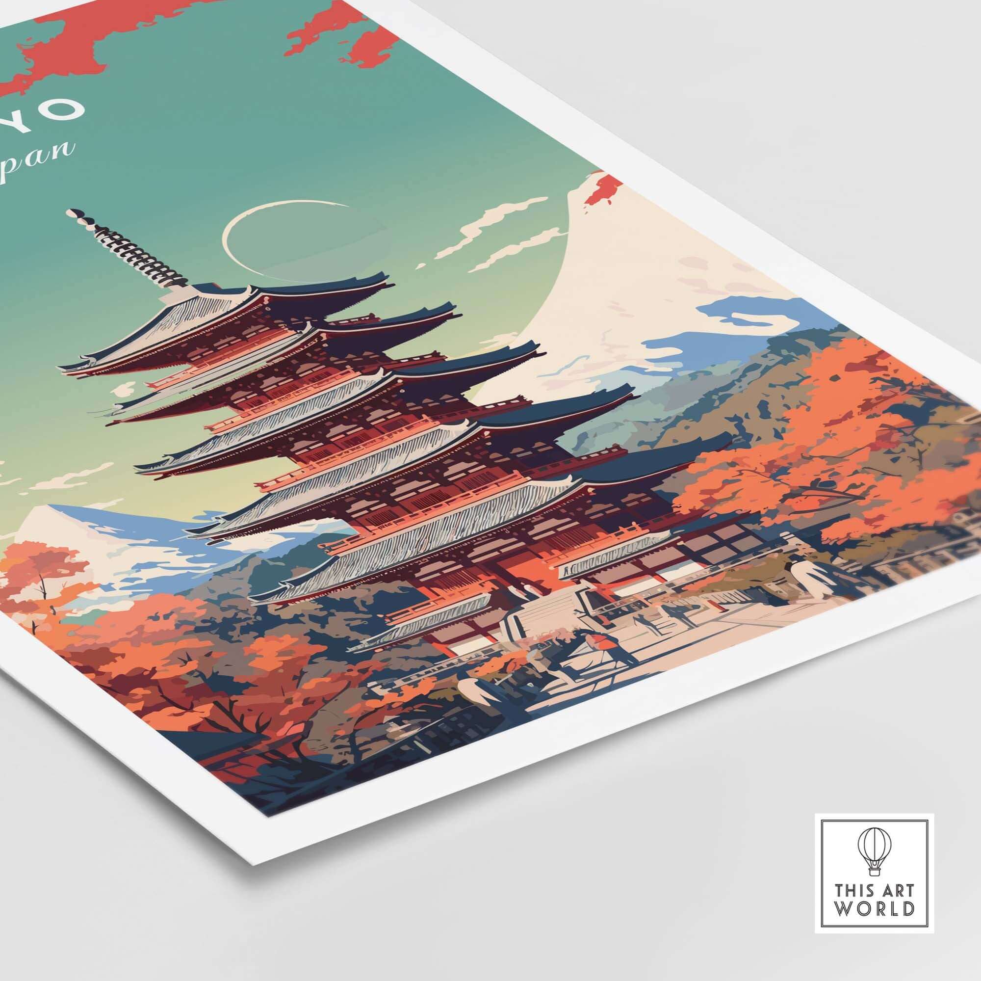 Tokyo Japan poster featuring a colorful pagoda against a scenic backdrop, perfect for home decor and travel inspiration.