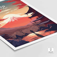 Tokyo Mount Fuji poster featuring a colorful sunset and traditional architecture, perfect for home decor.