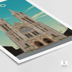 Truro Cornwall travel poster print featuring an illustration of a historic cathedral with a teal sky background.