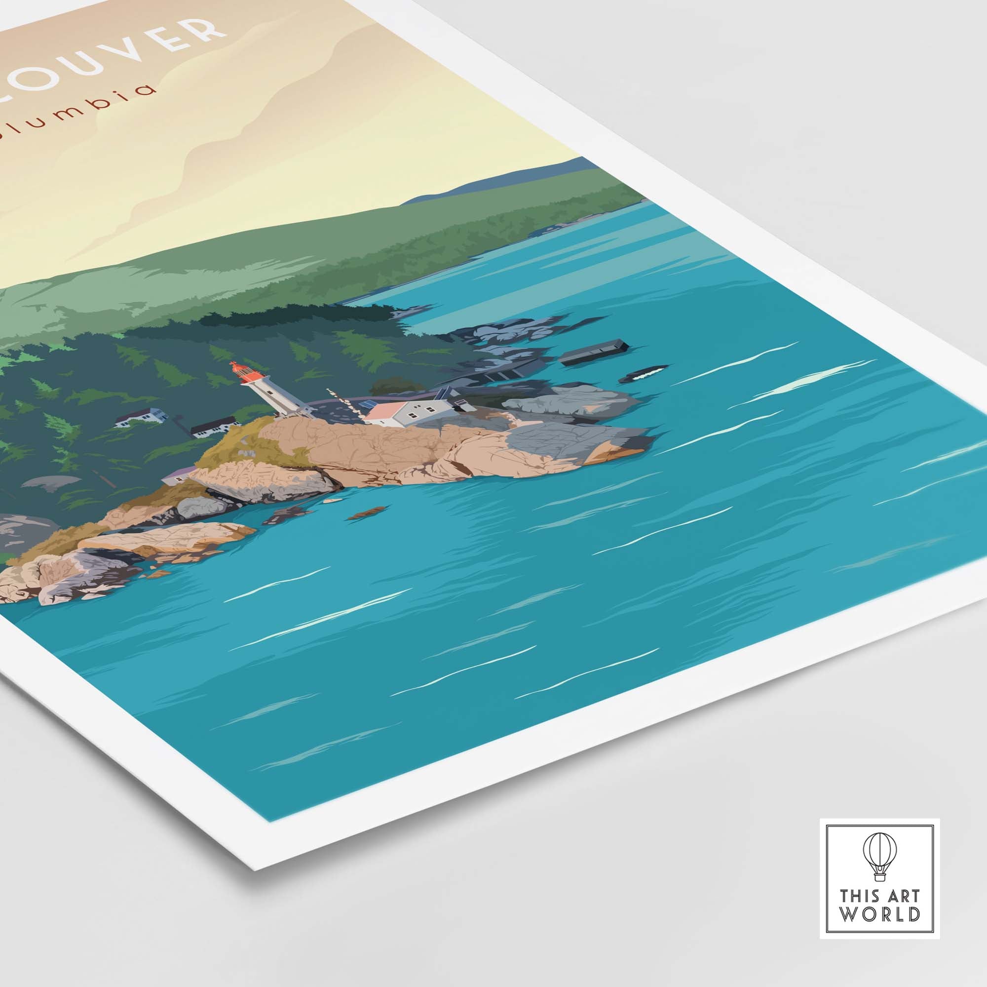 Vibrant travel poster print of West Vancouver BC with serene ocean and lush landscape, featuring a lighthouse and rocky shoreline.
