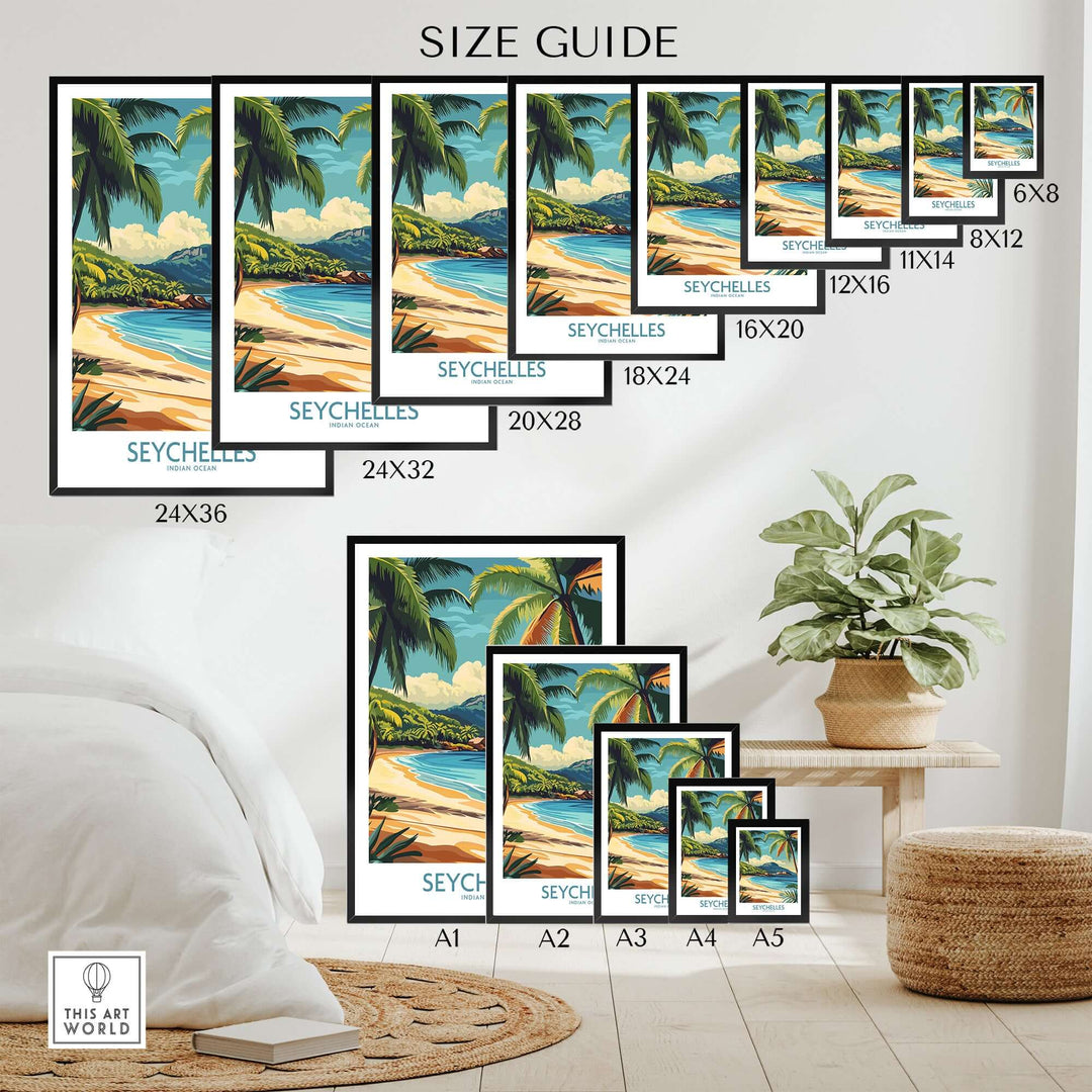 Size guide for Seychelles Beach Art Print featuring various frame sizes and vibrant coastal design.