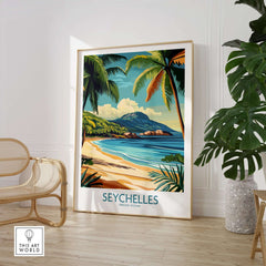 Coastal Elegance: Seychelles Beach Art Print showcasing vibrant beach scene with palm trees and serene ocean.