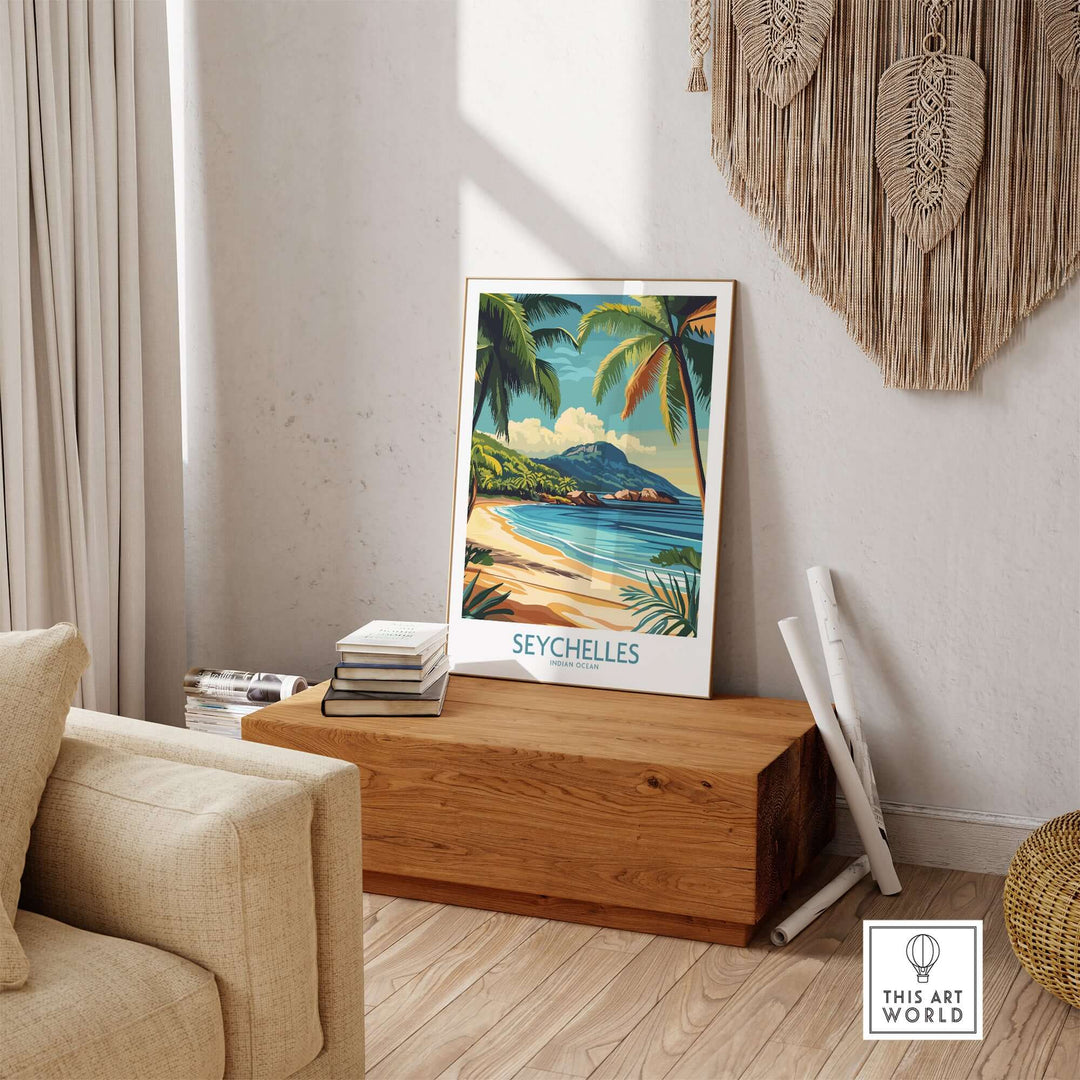 Coastal Elegance art print of Seychelles beach in a stylish living room setting with wooden decor.