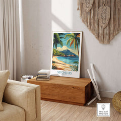 Coastal Elegance: Seychelles Beach Art Print showcased in a stylish coastal room setting with beach-inspired decor.