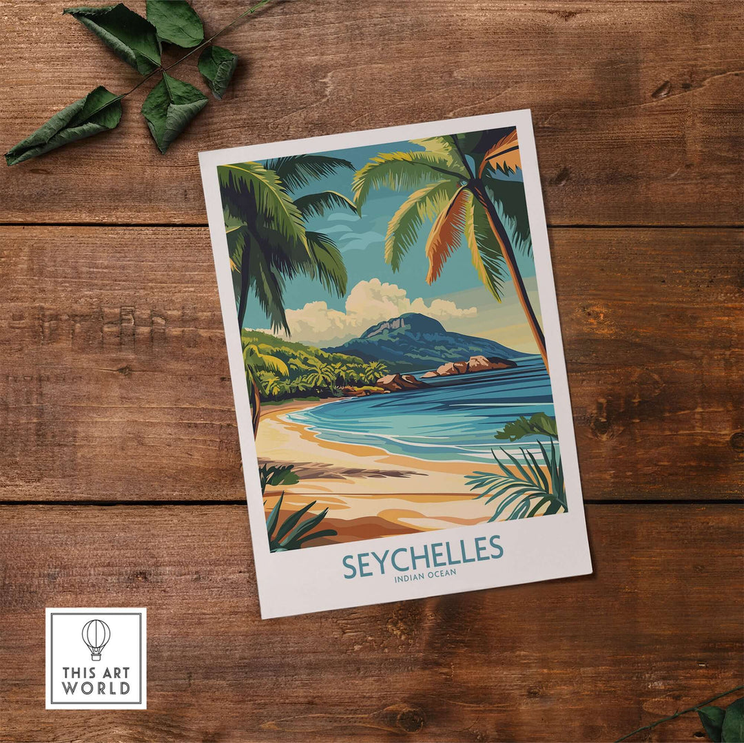 Vibrant Seychelles beach art print featuring palm trees and tranquil ocean scenery.