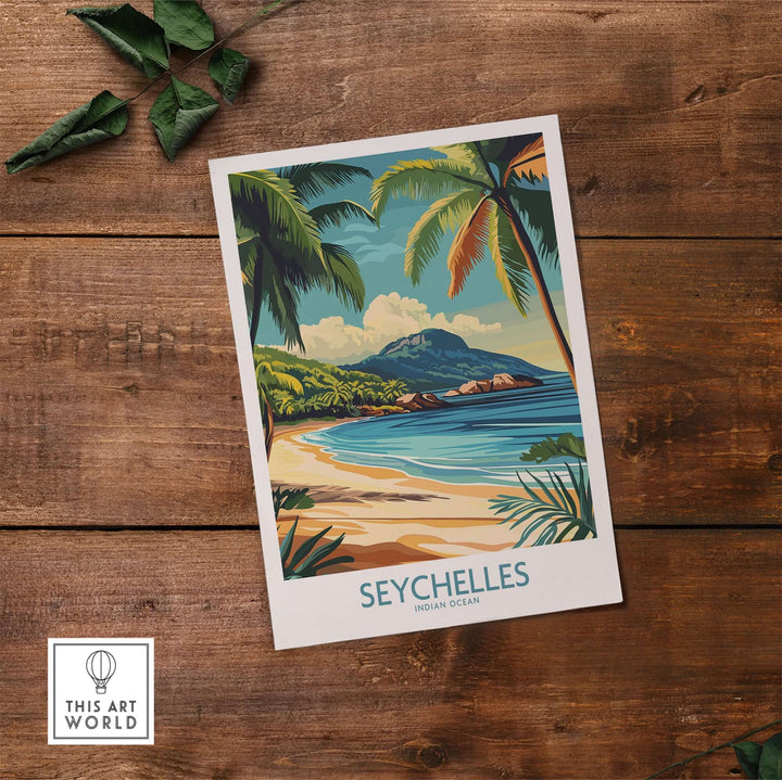 Vibrant Seychelles beach art print featuring palm trees and tranquil ocean scenery.