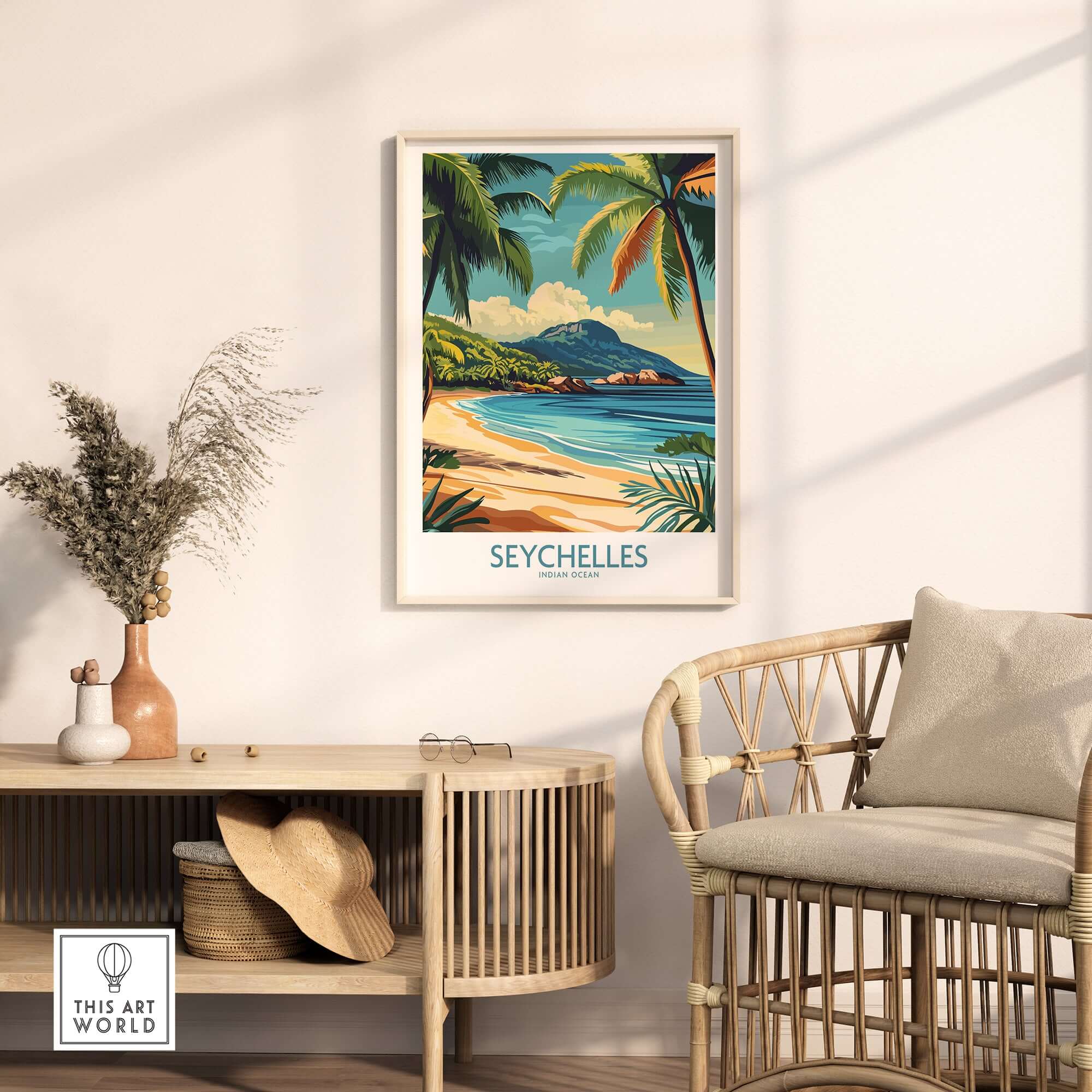Coastal Elegance: Seychelles Beach Art Print in elegant coastal decor setting with palm trees and serene beach.