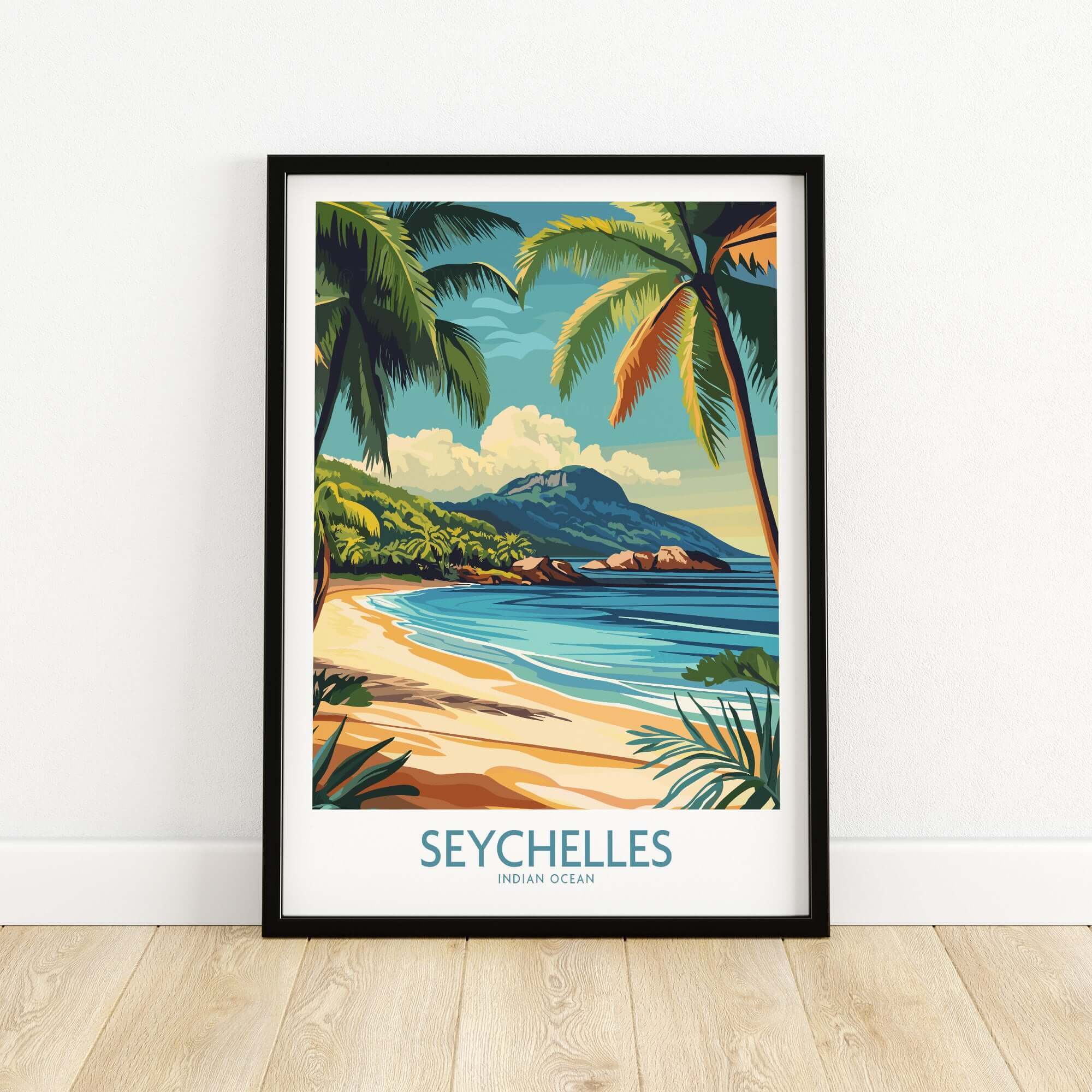 Coastal Elegance: Seychelles Beach Art Print featuring vibrant beach scene with palm trees and mountains.