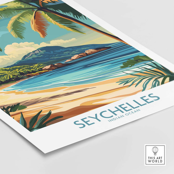 Coastal Elegance Seychelles beach art print featuring vibrant ocean colors and serene tropical scenery.