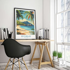 Coastal Elegance: Seychelles Beach Art Print displayed in a modern office with palm trees and a serene beach scene.