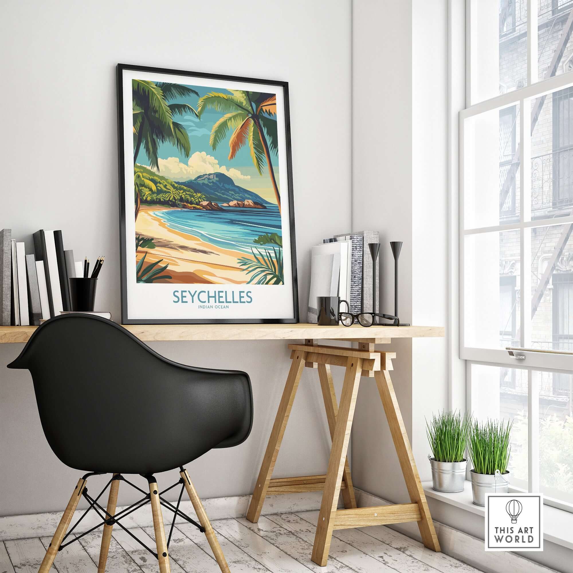 Coastal Elegance: Seychelles Beach Art Print displayed in a modern office with palm trees and a serene beach scene.