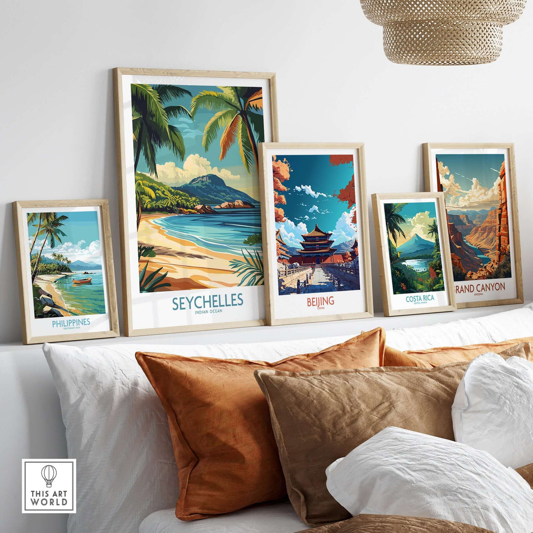 Coastal art prints featuring Seychelles, Philippines, Beijing, Costa Rica, and Grand Canyon on a stylish shelf.