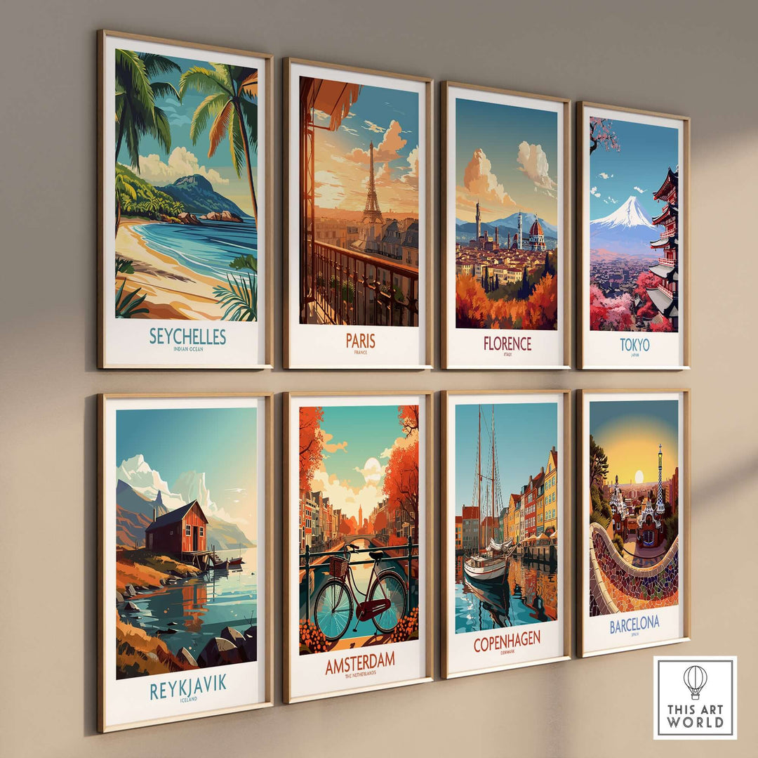 Gallery wall featuring vintage travel art prints of Seychelles, Paris, Florence, Tokyo, Reykjavik, Amsterdam, Copenhagen, and Barcelona.