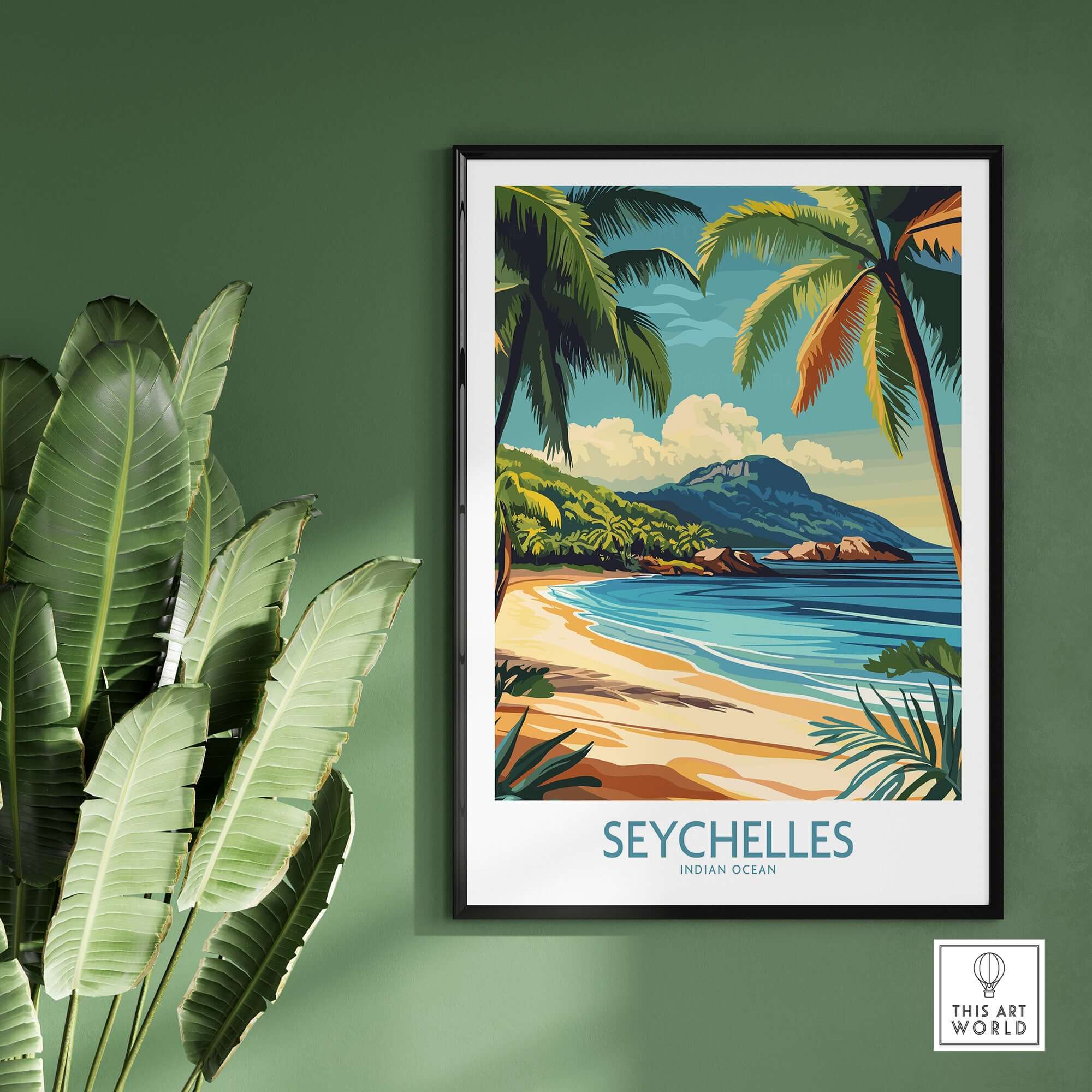 Coastal Elegance: Seychelles Beach Art Print showcasing vibrant beach scenery and lush palm trees.