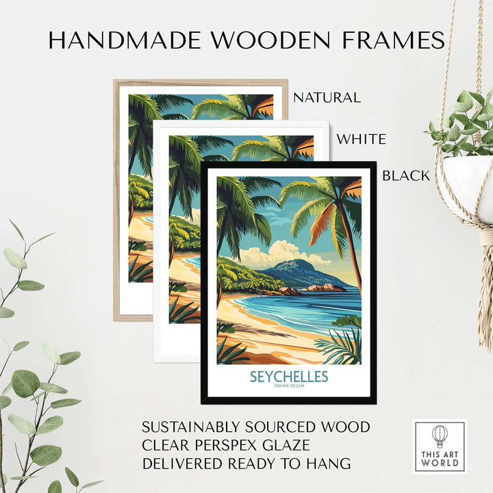 Handmade wooden frames in natural, white, and black for Seychelles beach art print, sustainably sourced and ready to hang.