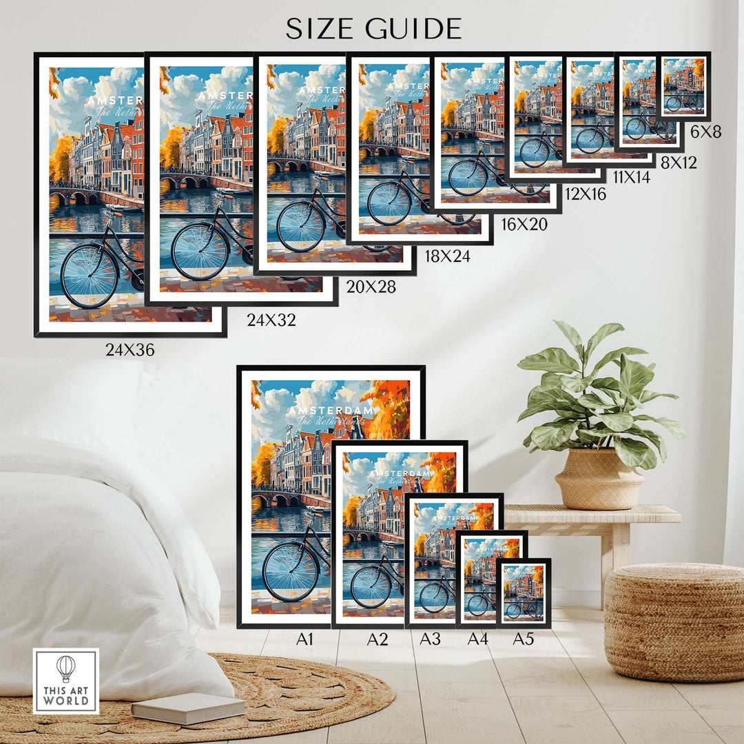 Size guide for colorful Amsterdam canal house poster prints showcasing various dimensions and framing options.