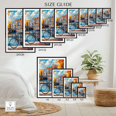 Colorful Amsterdam Canal House Poster - Classic Dutch Canal Scene Print size guide with various frame options and dimensions.