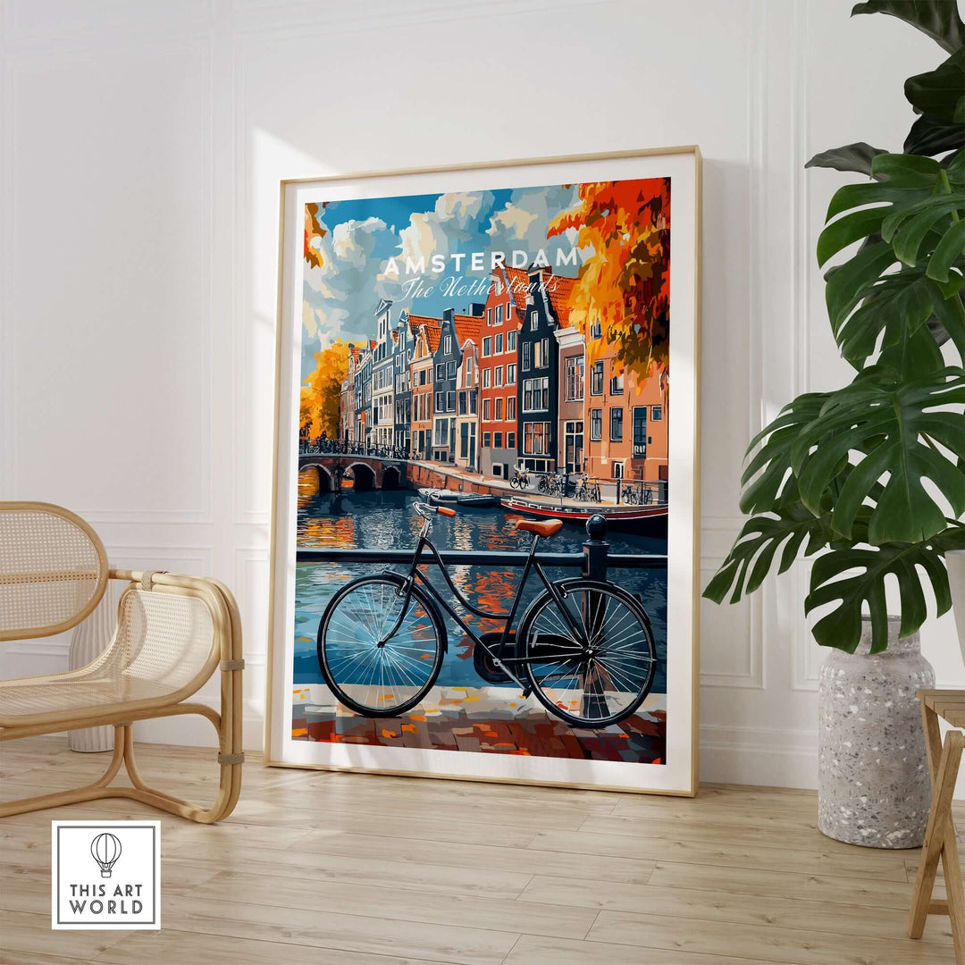 Colorful Amsterdam canal house poster with a bicycle, capturing classic Dutch scenery and vibrant autumn colors.