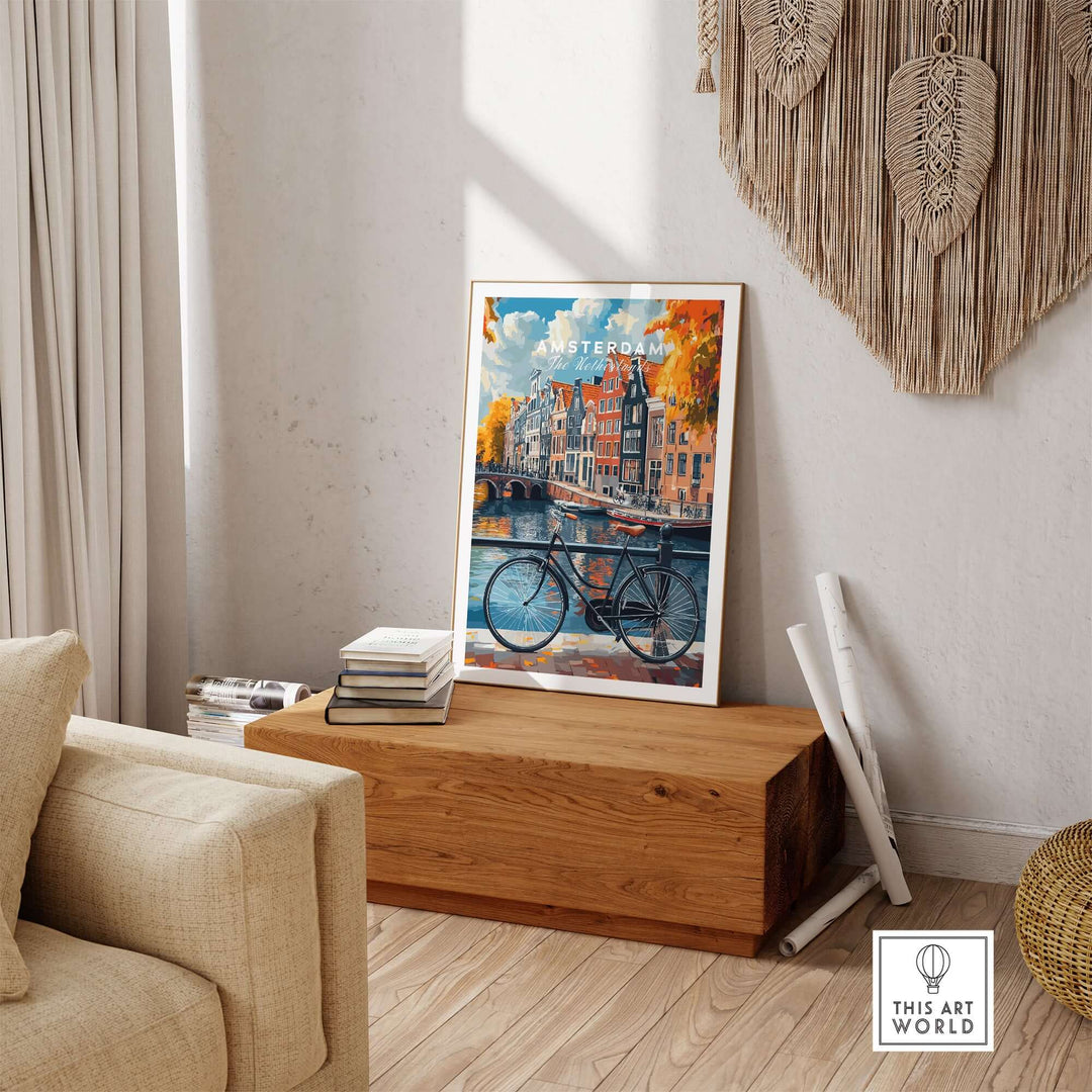 Colorful Amsterdam Canal House poster with bicycle in a cozy living room setting, showcasing classic Dutch scenery.