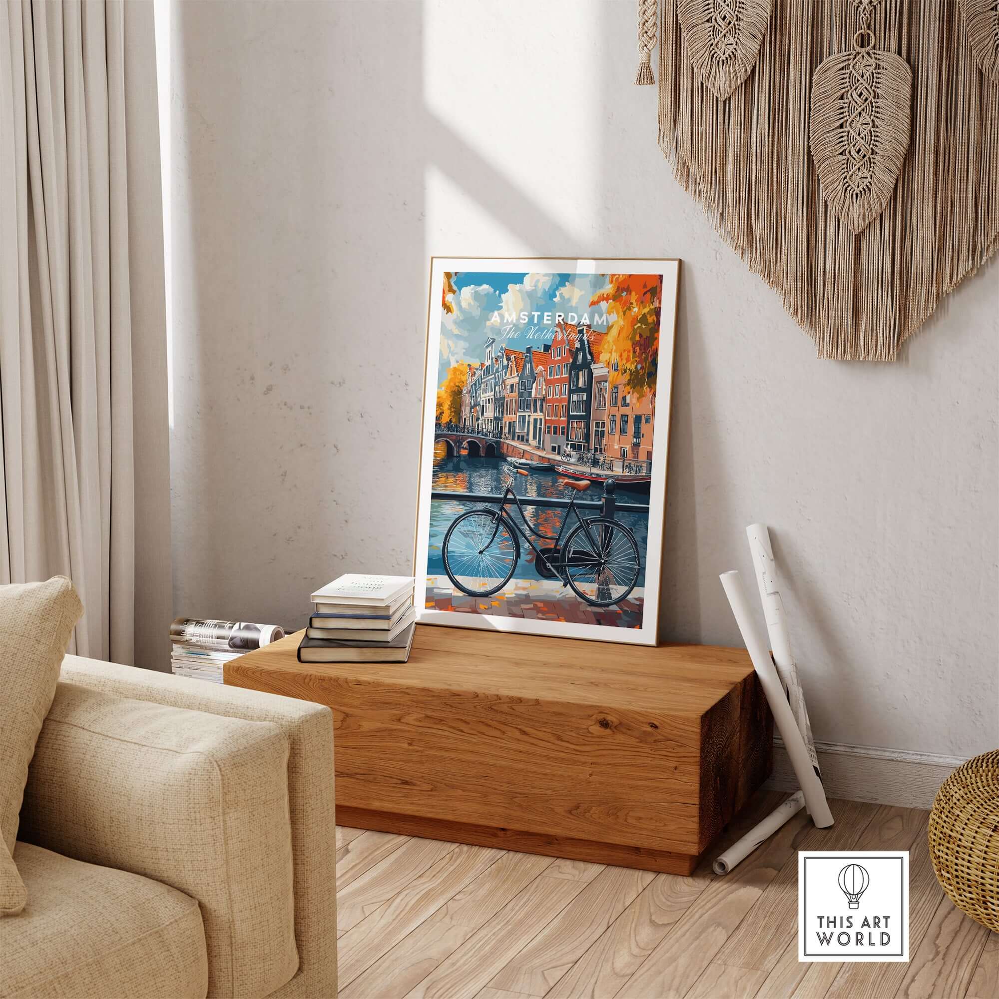 Colorful Amsterdam Canal House Poster - Classic Dutch Canal Scene Print on display in a cozy room with a bicycle.