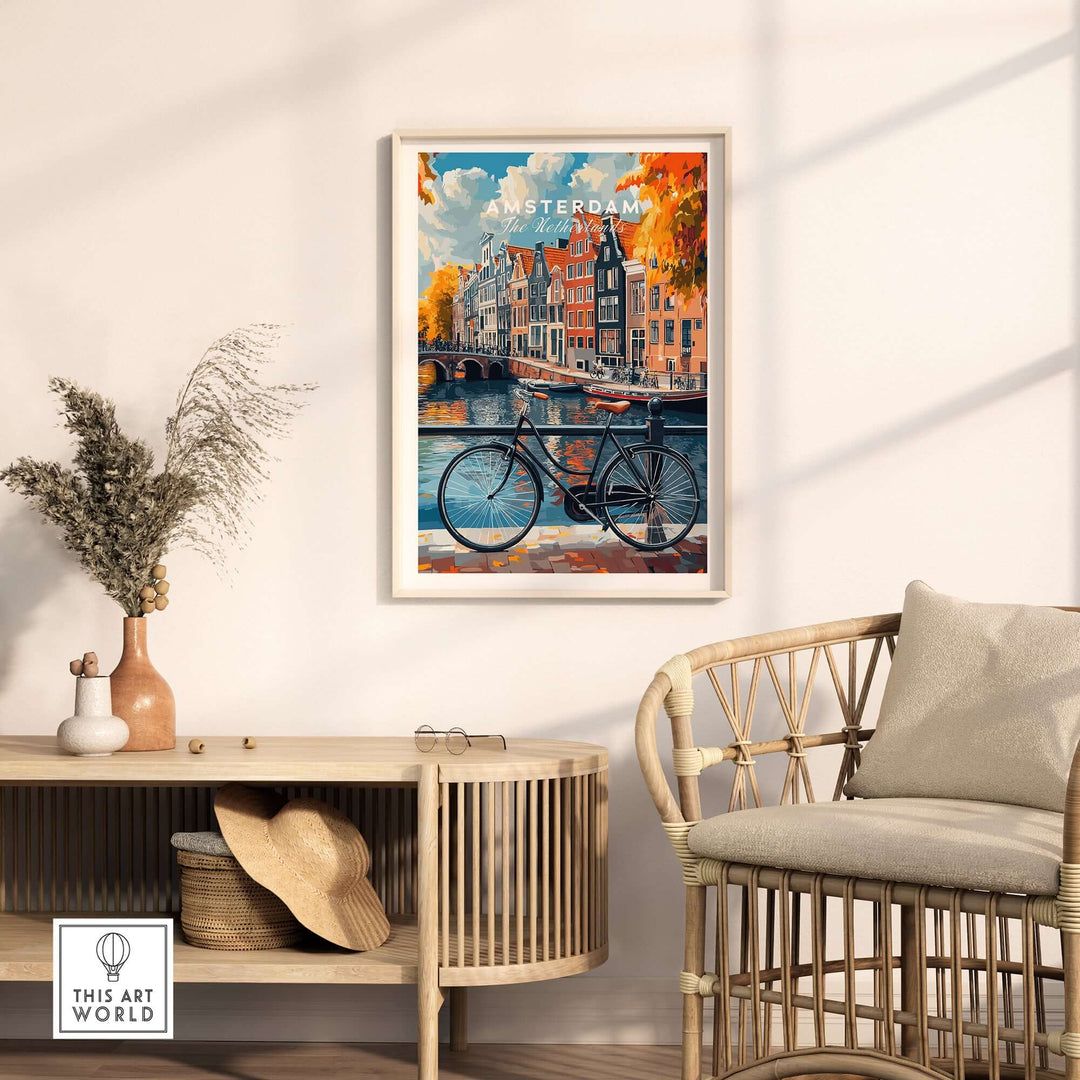 Colorful Amsterdam canal house poster with a bicycle, showcasing a classic Dutch scene in a cozy interior setting.