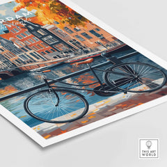 Colorful Amsterdam Canal House Poster - Classic Dutch Canal Scene Print featuring a bicycle by the canal.