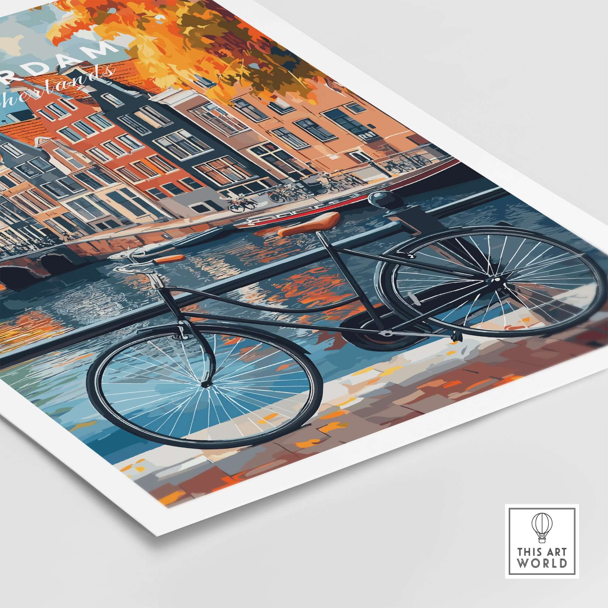 Colorful Amsterdam Canal House Poster - Classic Dutch Canal Scene Print featuring a bicycle by the canal.