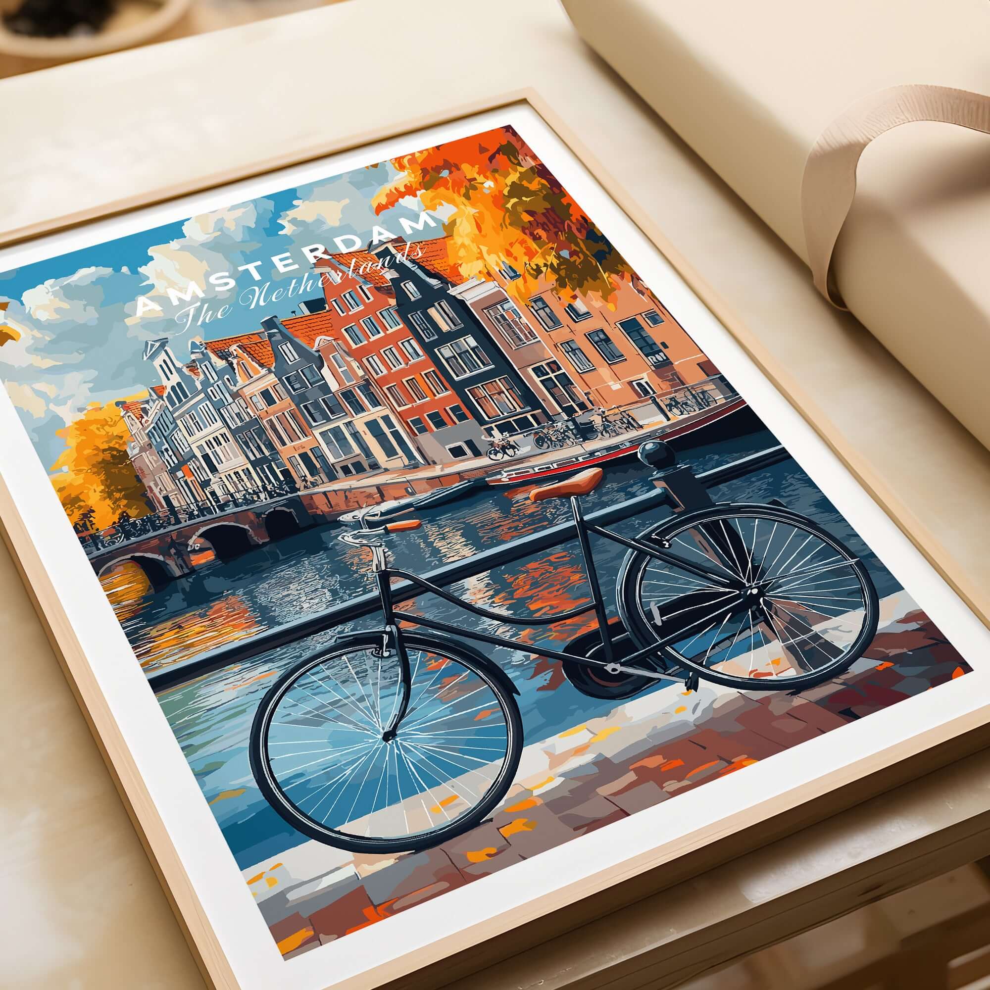 Colorful Amsterdam Canal House Poster - Classic Dutch Canal Scene Print displayed with a bicycle near the canal.