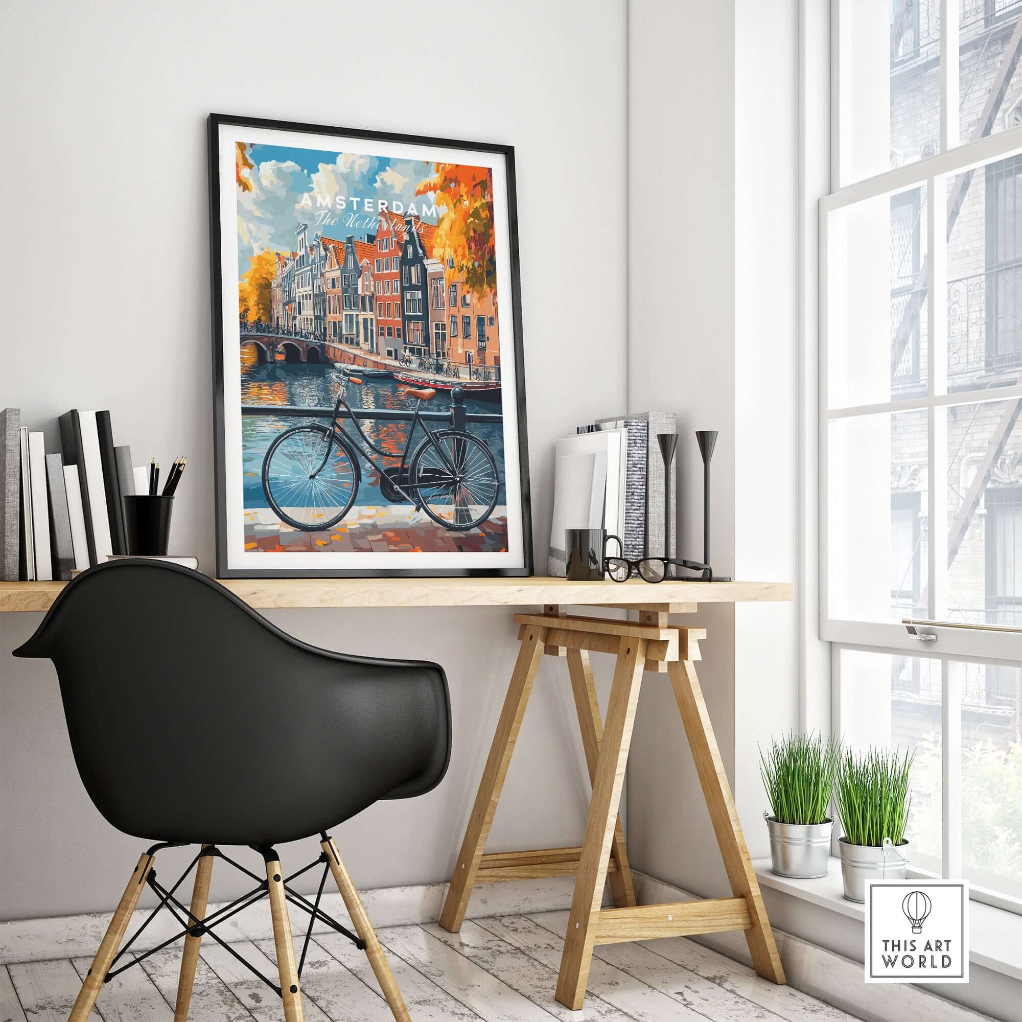 Colorful Amsterdam Canal House Poster - Classic Dutch Canal Scene Print displayed in a stylish room with a bicycle.