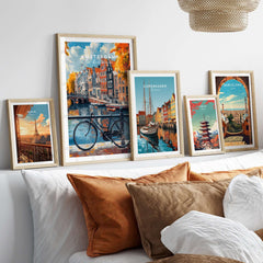 Colorful Amsterdam Canal House Poster - Classic Dutch Canal Scene Print displayed among other framed travel posters