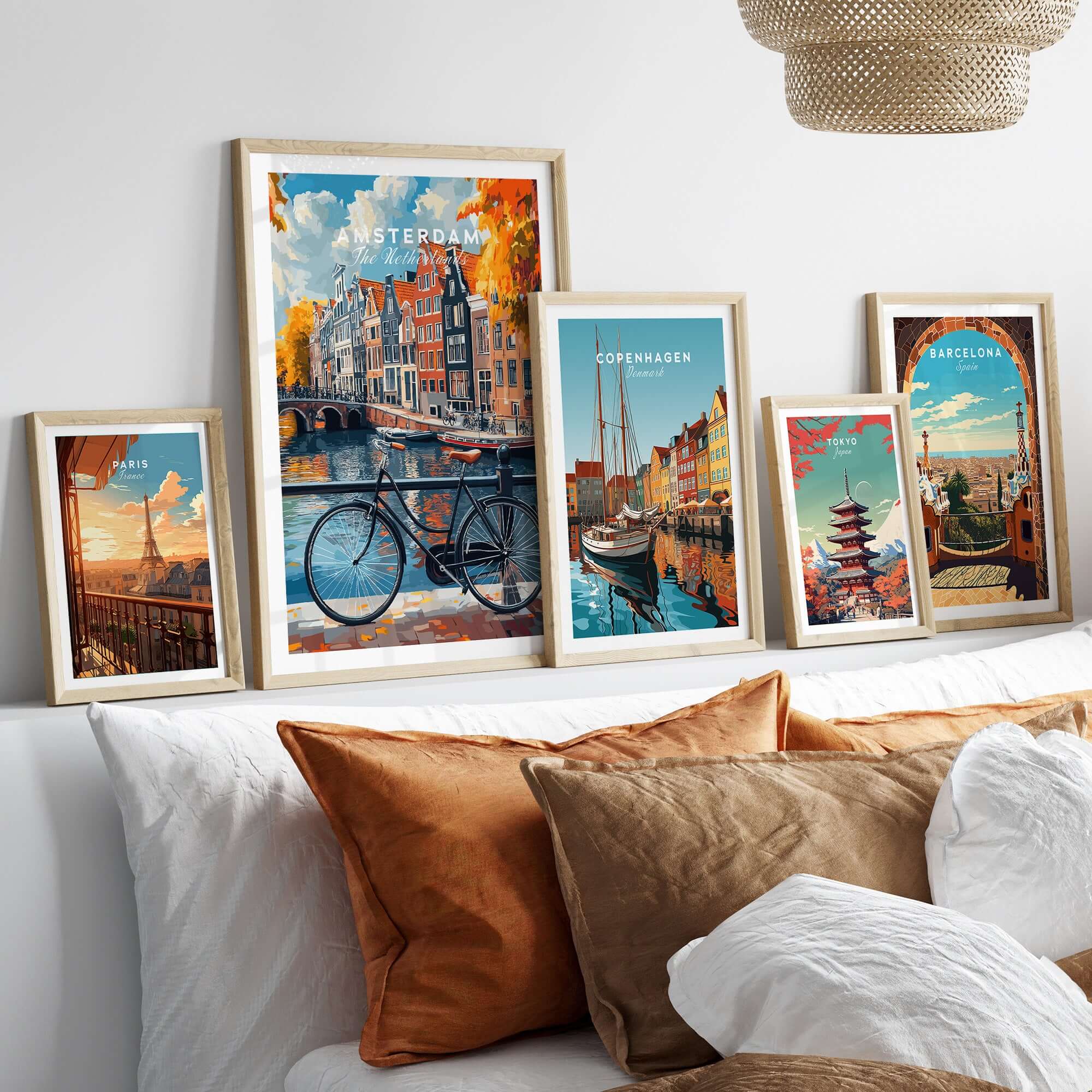 Colorful Amsterdam Canal House Poster - Classic Dutch Canal Scene Print displayed among other framed travel posters