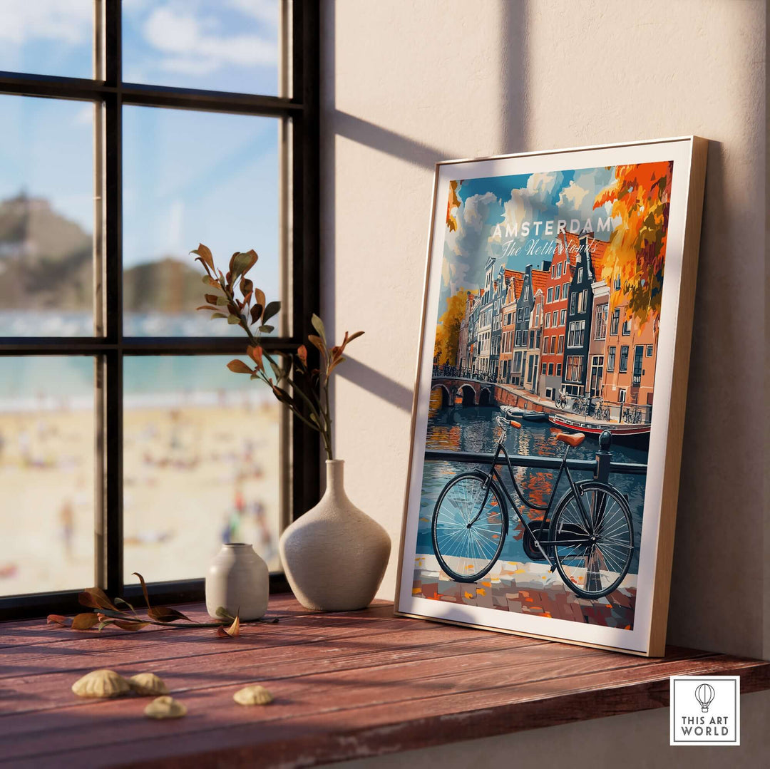 Colorful Amsterdam canal house poster showcasing classic Dutch scenery and a bicycle, perfect for home decor.