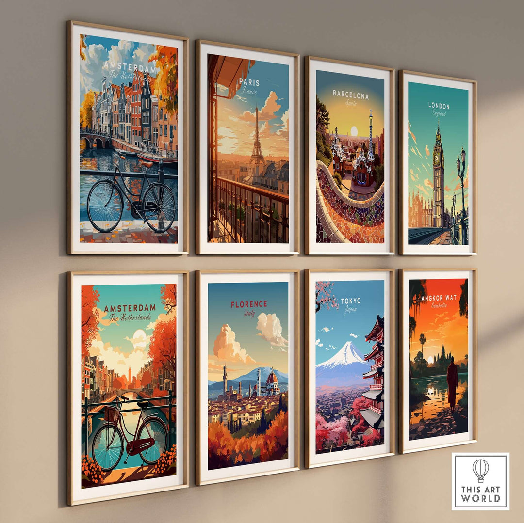 Gallery of colorful city posters including Amsterdam, Paris, Barcelona, London, Florence, Tokyo, and Angkor Wat.