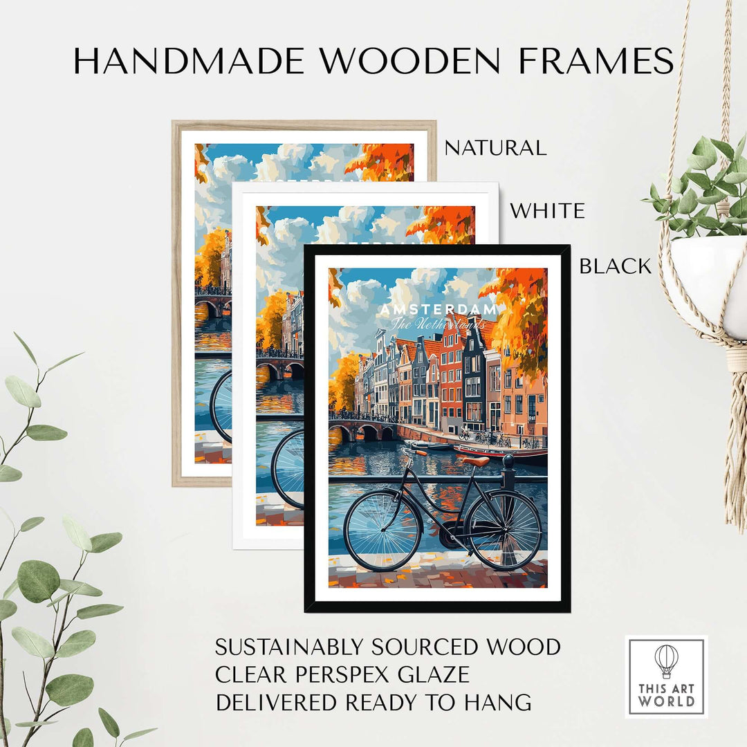 Handmade wooden frames in natural, white, and black for Amsterdam canal house poster, ready to hang.