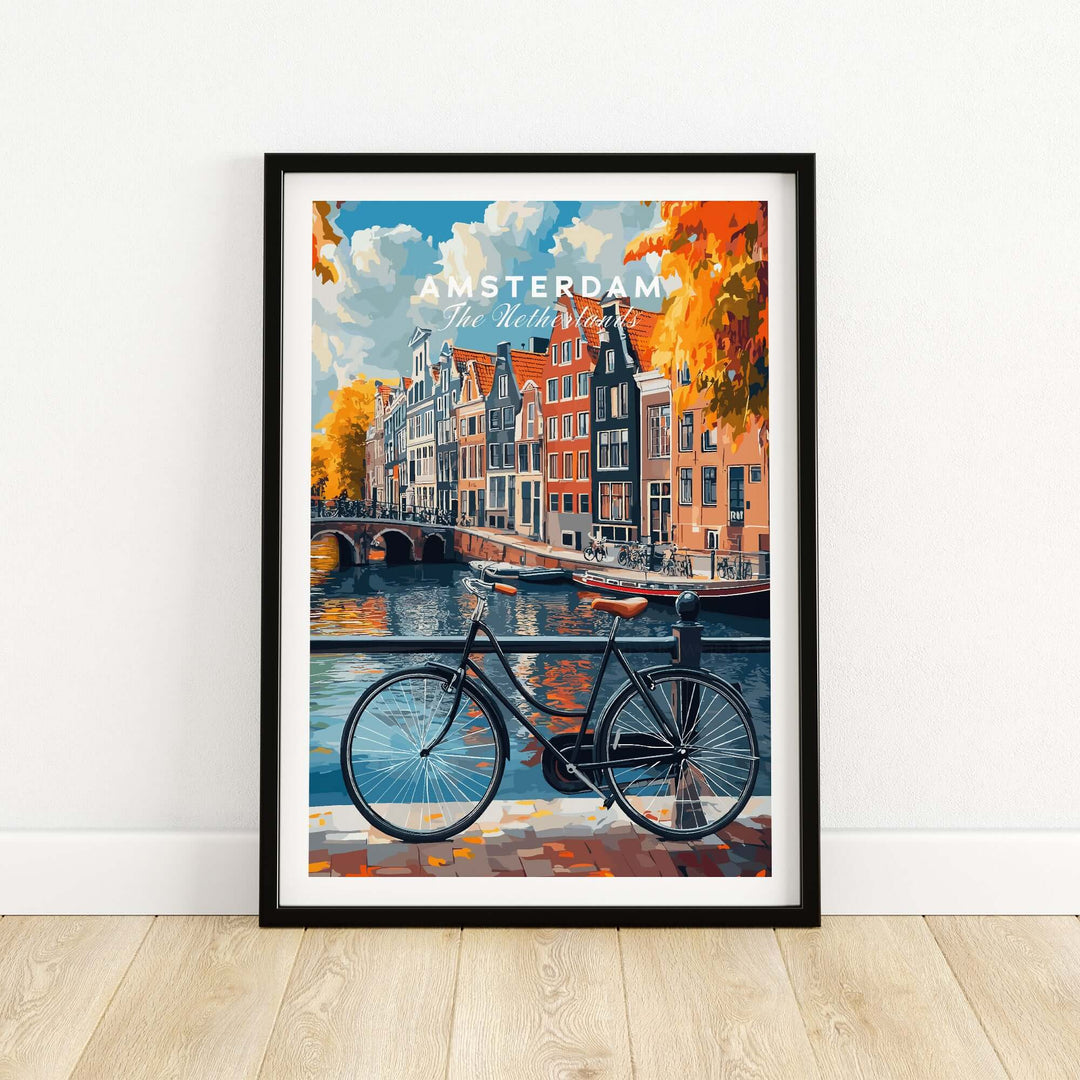 Colorful Amsterdam canal house poster featuring a classic Dutch scene with a bicycle and vibrant autumn foliage.
