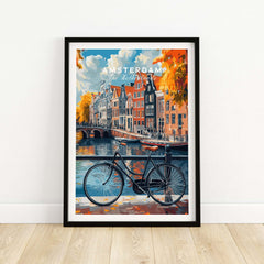 Colorful Amsterdam Canal House Poster - Classic Dutch Canal Scene Print featuring a scenic bicycle and vibrant canal view.