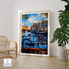 Colourful Amsterdam Architecture Poster - Iconic Canal Houses and Canals Wall Art featuring canal view and bicycle.