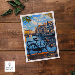 Colourful Amsterdam Architecture Poster - Iconic Canal Houses and Canals Wall Art featuring a bicycle by the canal.