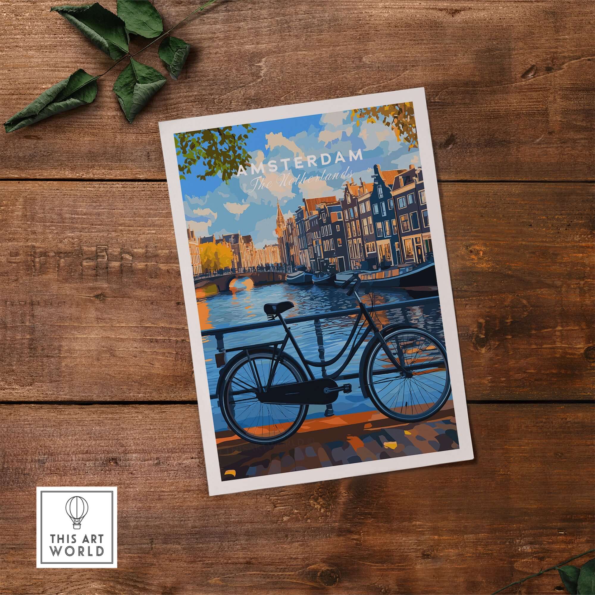 Colourful Amsterdam Architecture Poster - Iconic Canal Houses and Canals Wall Art featuring a bicycle by the canal.