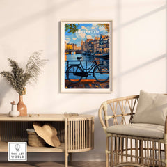 Colourful Amsterdam Architecture Poster - Iconic Canal Houses and Canals Wall Art featuring a bike and scenic canals.
