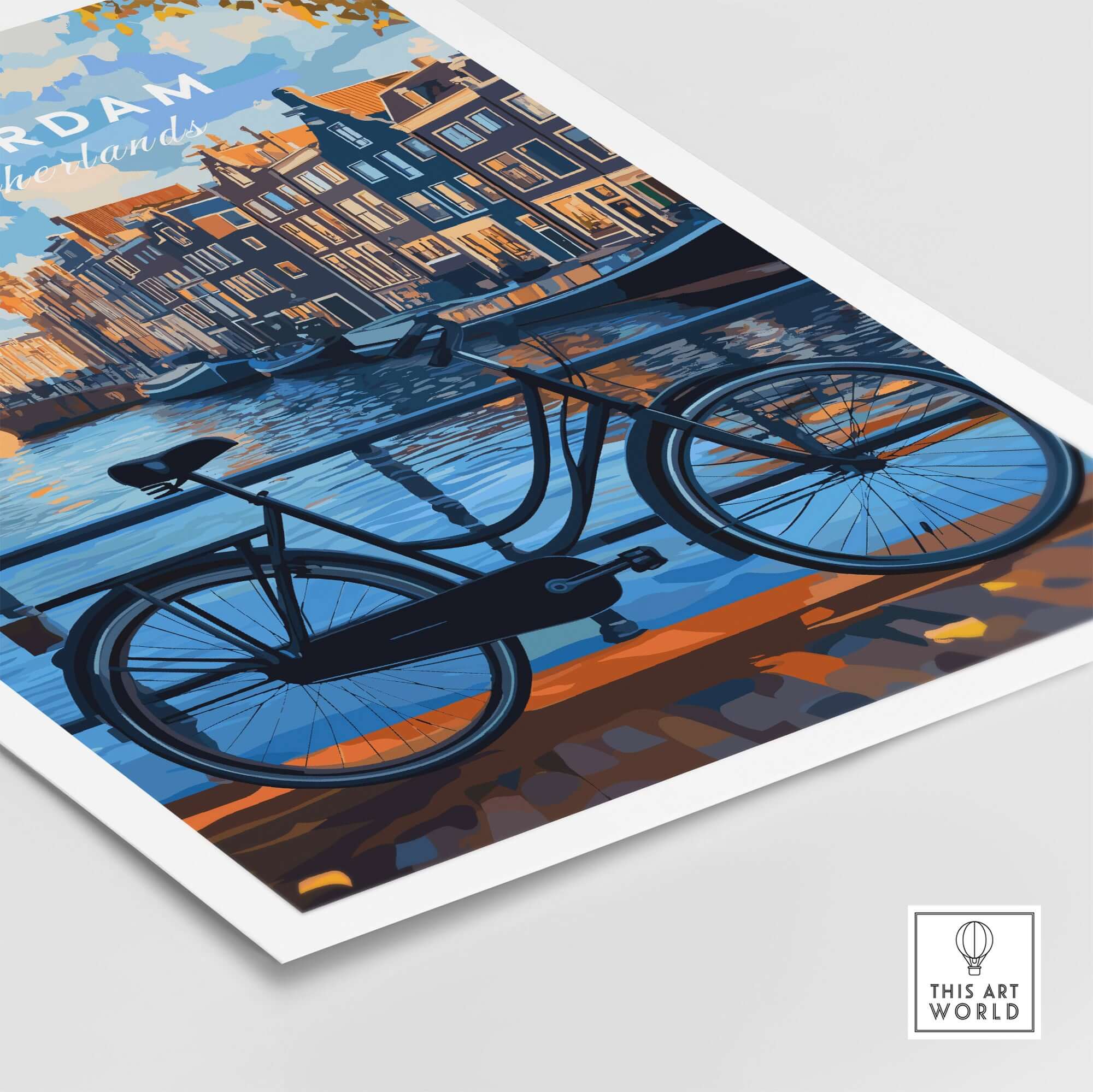 Colourful Amsterdam Architecture Poster - Iconic Canal Houses and Canals Wall Art with a bicycle near the water.