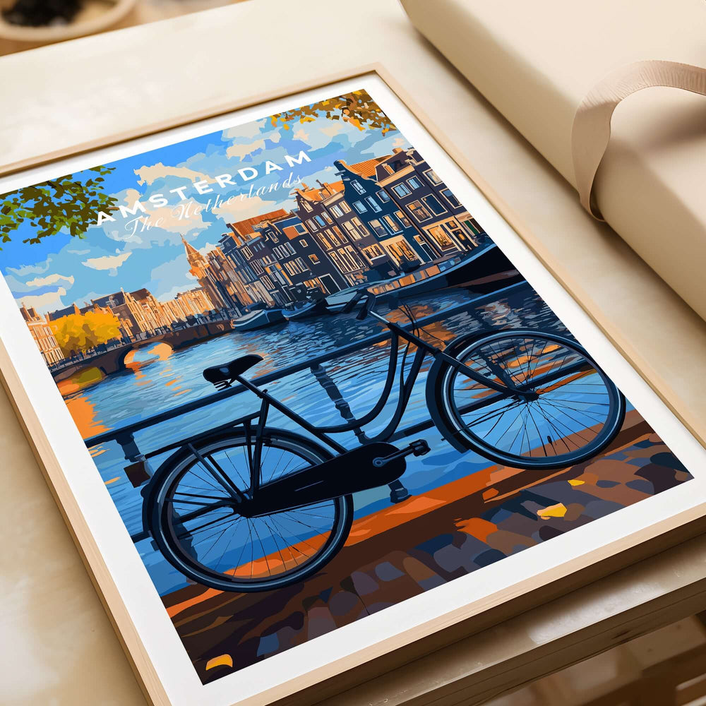 Colourful Amsterdam Architecture Poster - Iconic Canal Houses and Canals Wall Art featuring a bicycle by the canals.