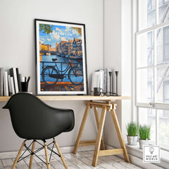 Colourful Amsterdam Architecture Poster - Iconic Canal Houses and Canals Wall Art displayed in a stylish interior