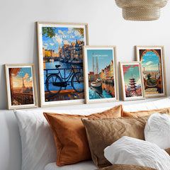 Colourful Amsterdam Architecture Poster - Iconic Canal Houses and Canals Wall Art displayed in a stylish home setting.