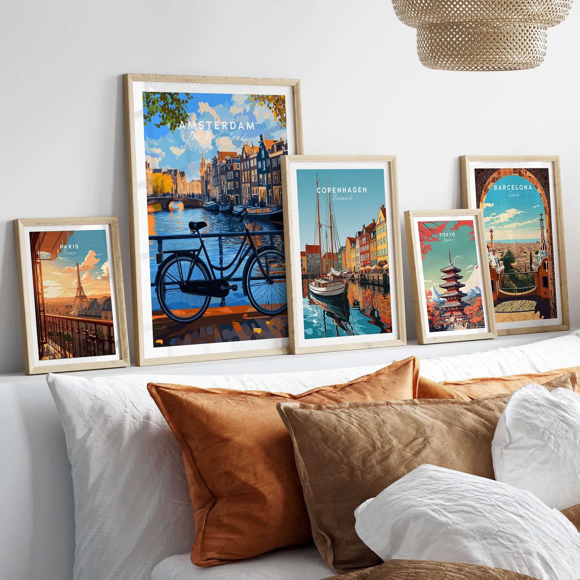 Colourful Amsterdam Architecture Poster - Iconic Canal Houses and Canals Wall Art displayed in a stylish home setting.