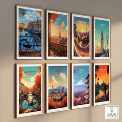 Colourful Amsterdam Architecture Poster - Iconic Canal Houses and Canals Wall Art showcasing vibrant cityscape prints.